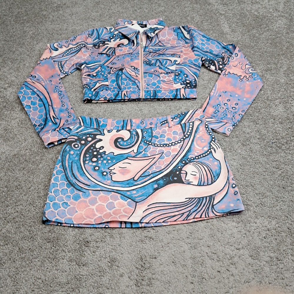 Shane Justin Mermaid Graphic Cropped Jacket & Mini Skirt 2-Piece Set Pink Blue M